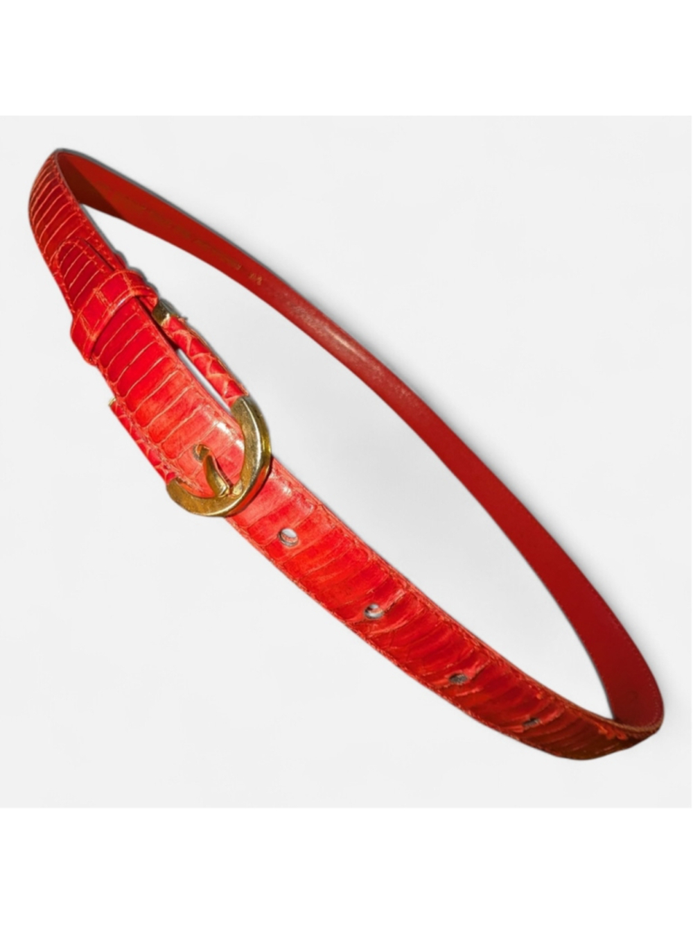 VTG Red Genuine Snake Skin Croc-Embossed Slim Belt with Gold Buckle 90s Y2K